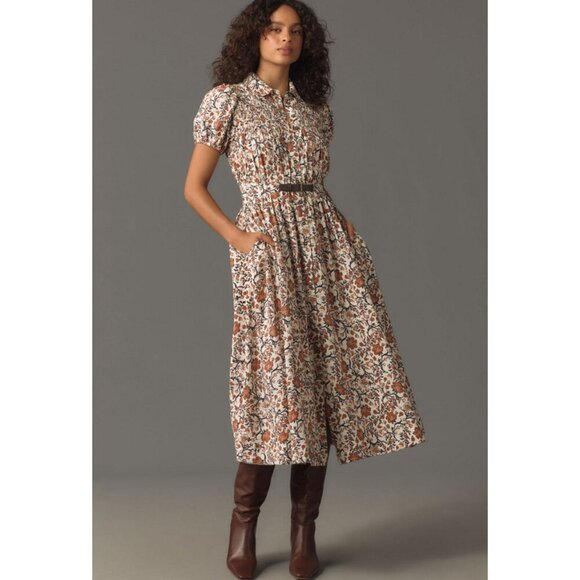 ANTHROPOLOGIE Maeve Short-Sleeve Belted Midi Shirt Dress in Neutral Size Medium - Picture 13 of 14